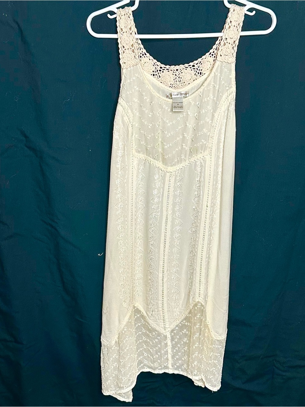 Cute Options Boho Crochet Neckline Embroidered Lace Slip Dress in Ivory Sz